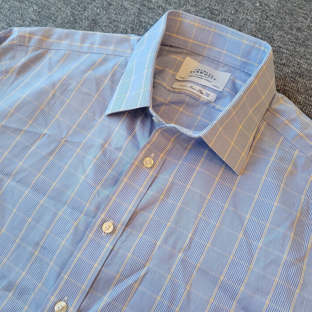 Charles Tyrwhitt Dress Shirt Men's 17 35 Slim Fit Blue Yellow Plaid Non-Iron